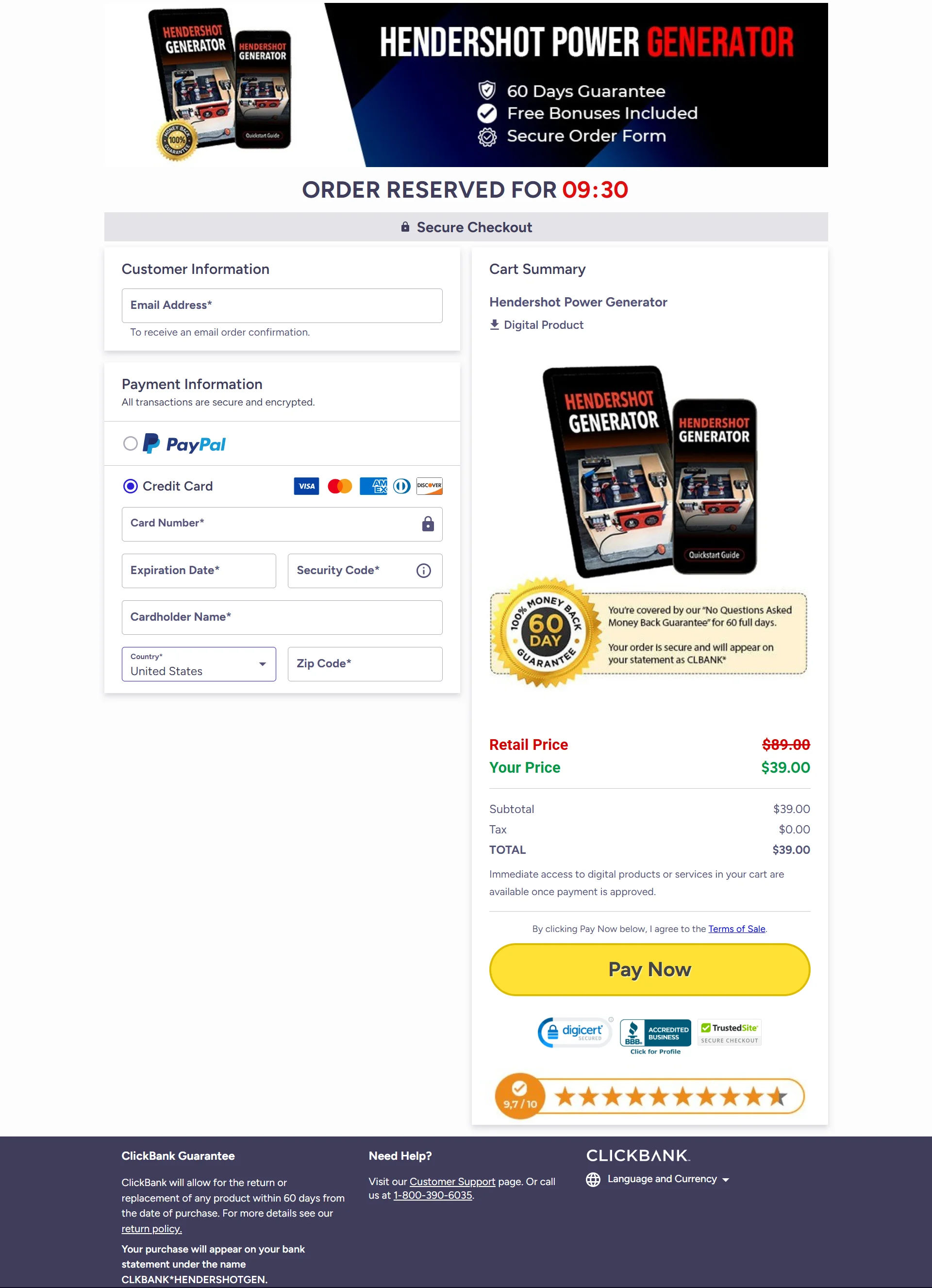 Hendershot Power Generator order page